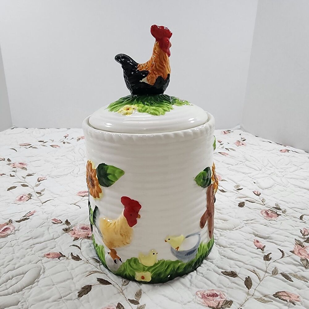 Ceramic Rooster Hen Chick Cookie Jar Canister Vintage Country Farmhouse Kitchen